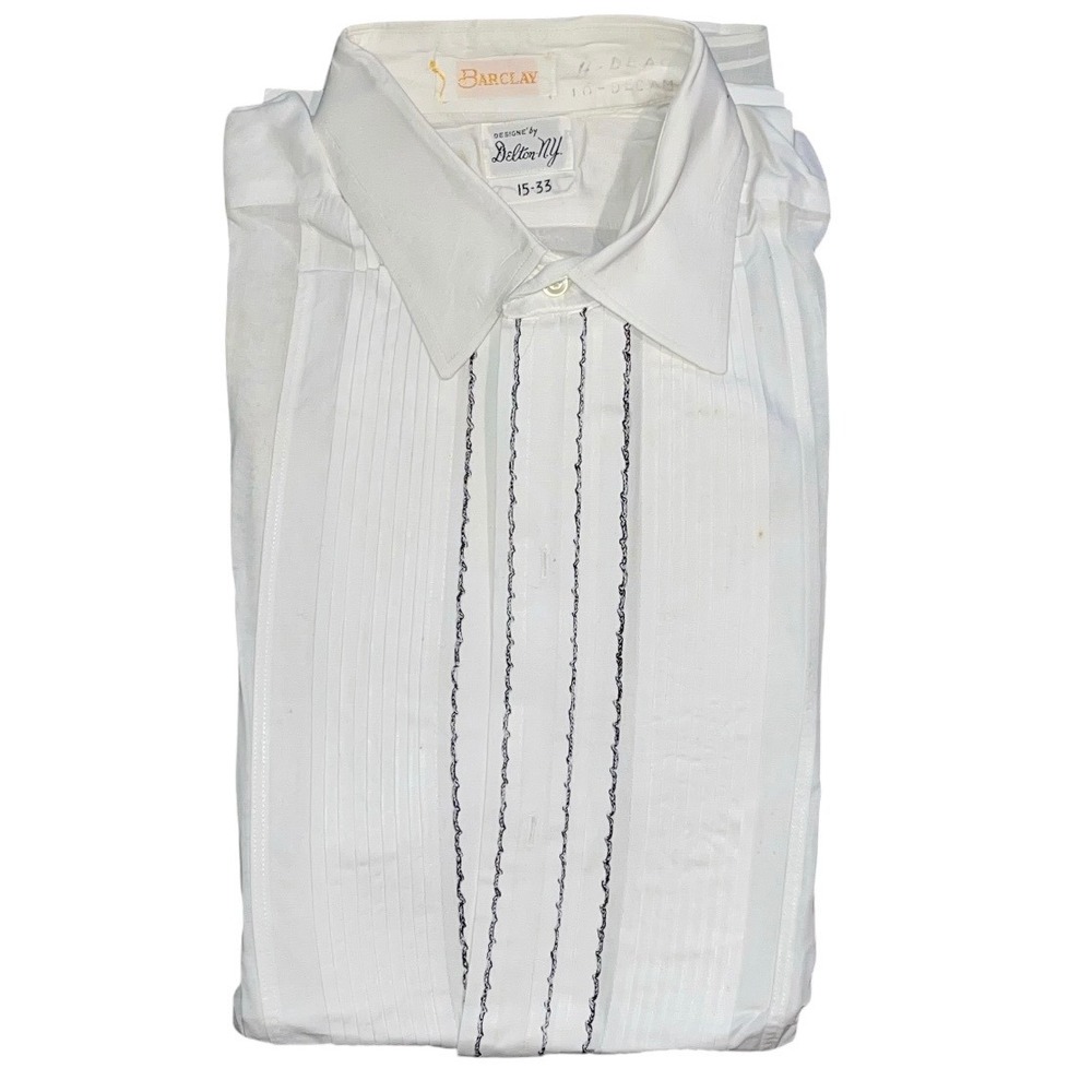 Vintage Barclay Delton NY Tuxedo Shirt White Pleated Bib Embroidered 15-33 Mens